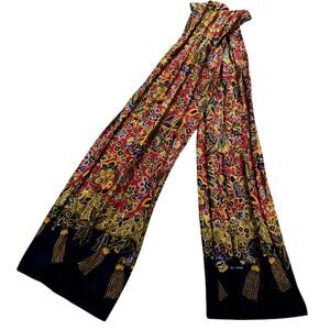 Vintage Slovenia Boho Patterned Long Scarf Gypsy Red Floral Cottage Festival Art